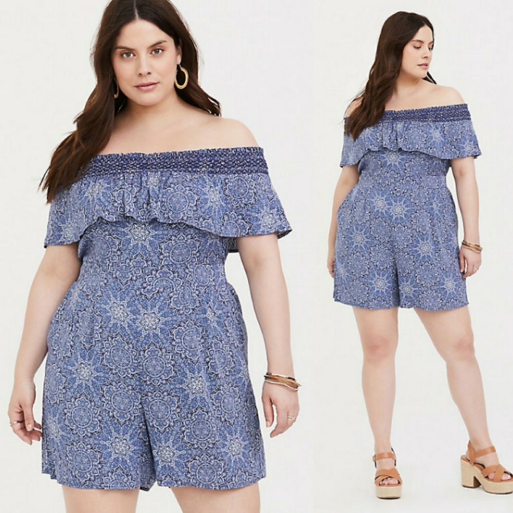 NWT Torrid Blue Medallion Challis OTS Romper Sz 2